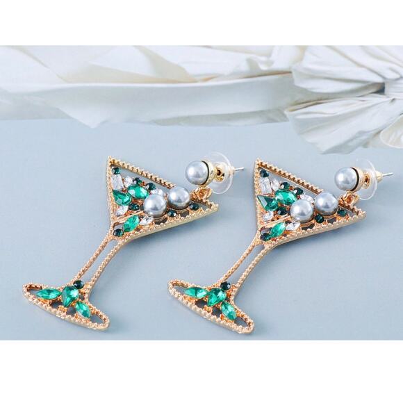 Crystal & Pearl Martini Glass Earrings - Picture 2 of 2